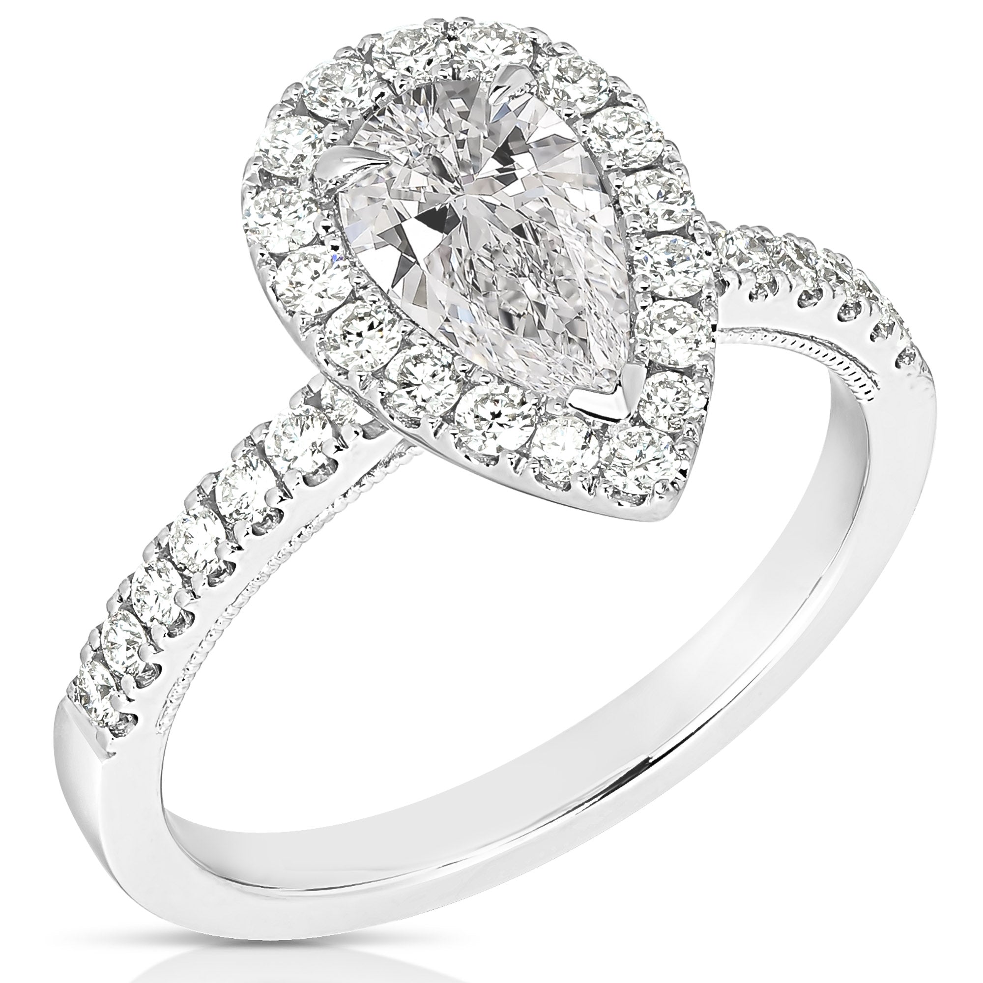 14K 2 Ct Center Pear Shape Halo Lab Grown Engagement Ring