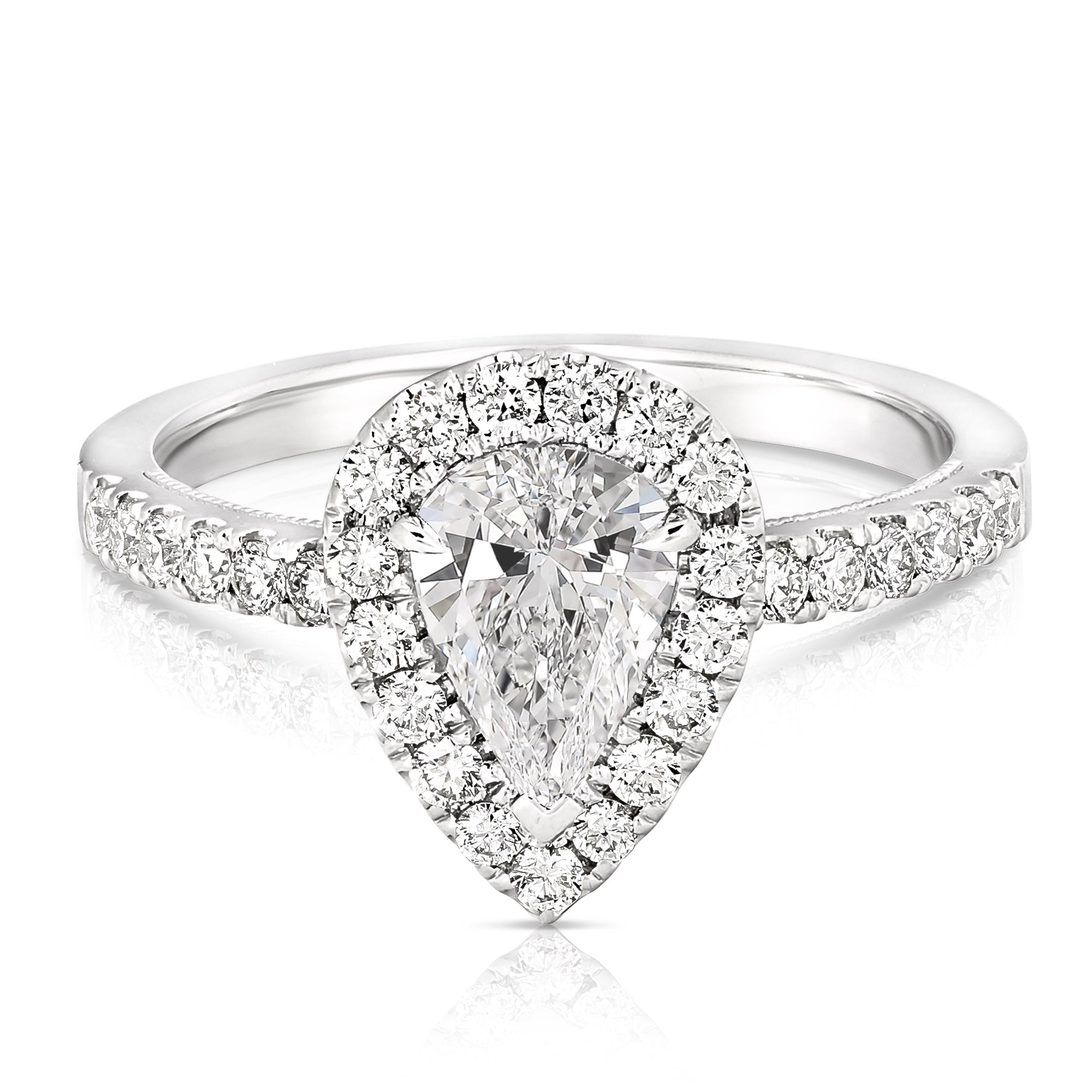 14K 3/4 Ct Center Pear Shape Halo Diamond Engagement Ring