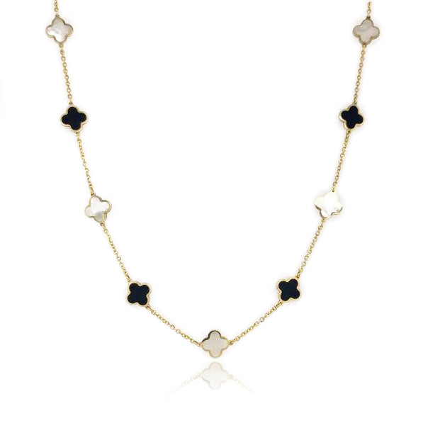 14k Yellow Gold Onyx and Mother of Pearl Clover Station Necklace