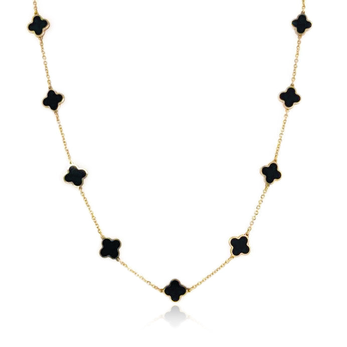 14K Yellow Gold Onyx Clover Station Necklace