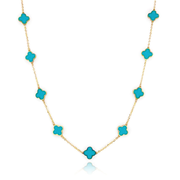 14K Yellow Gold Turquoise Clover Station Necklace