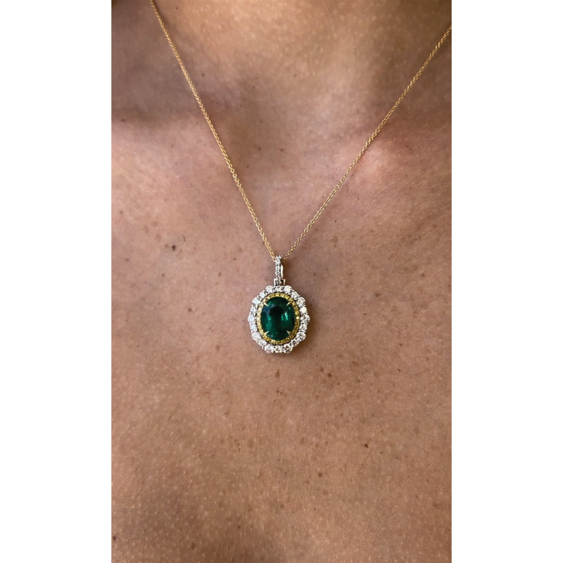 18K 5.27 Ct Oval Cut Zambian Green Emerald and Diamond Pendant