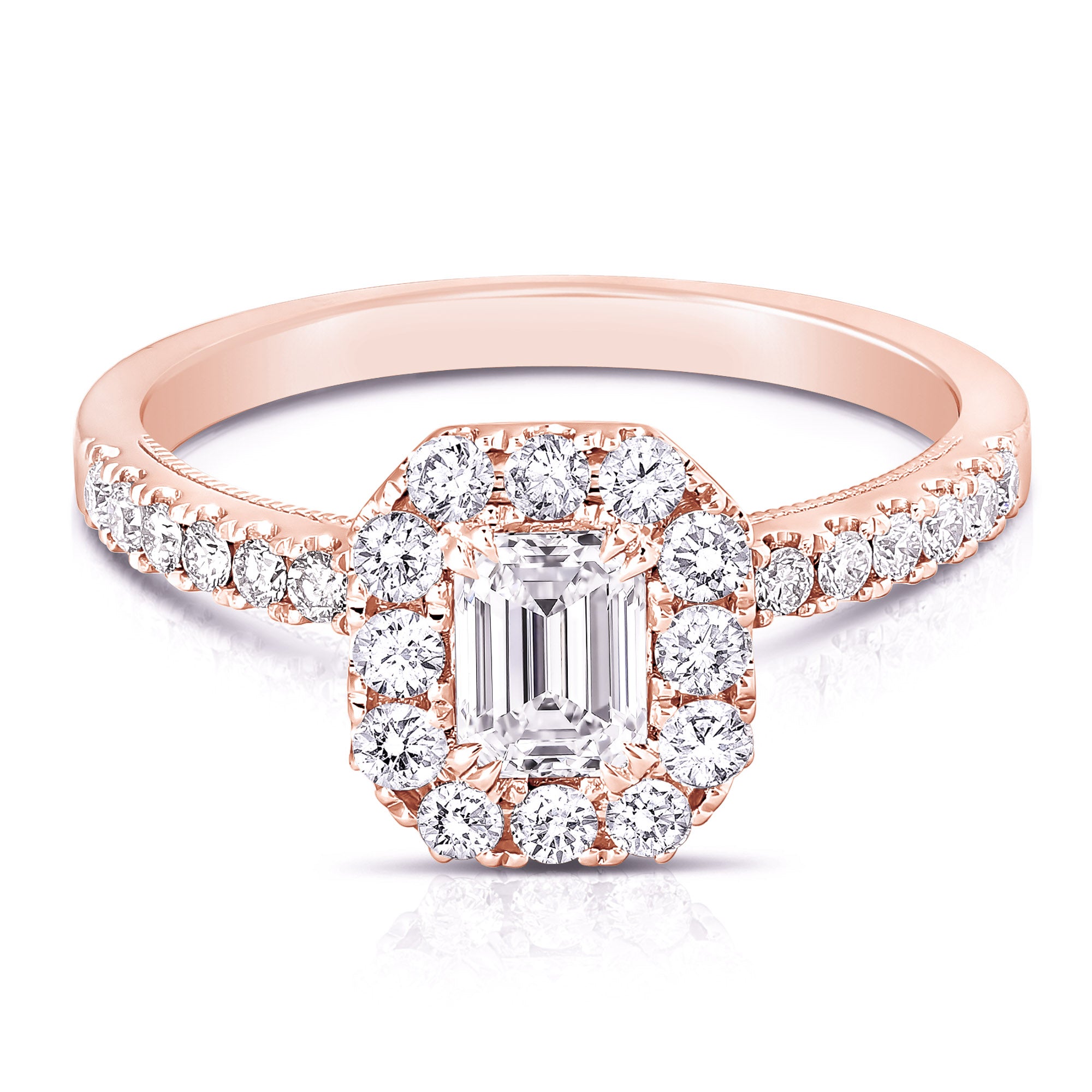14K 0.5 Ct Center Emerald Cut Halo Diamond Engagement Ring