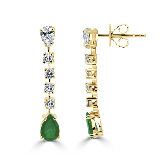 14K Gold Emerald & Diamond Pear Shape Drop Earrings