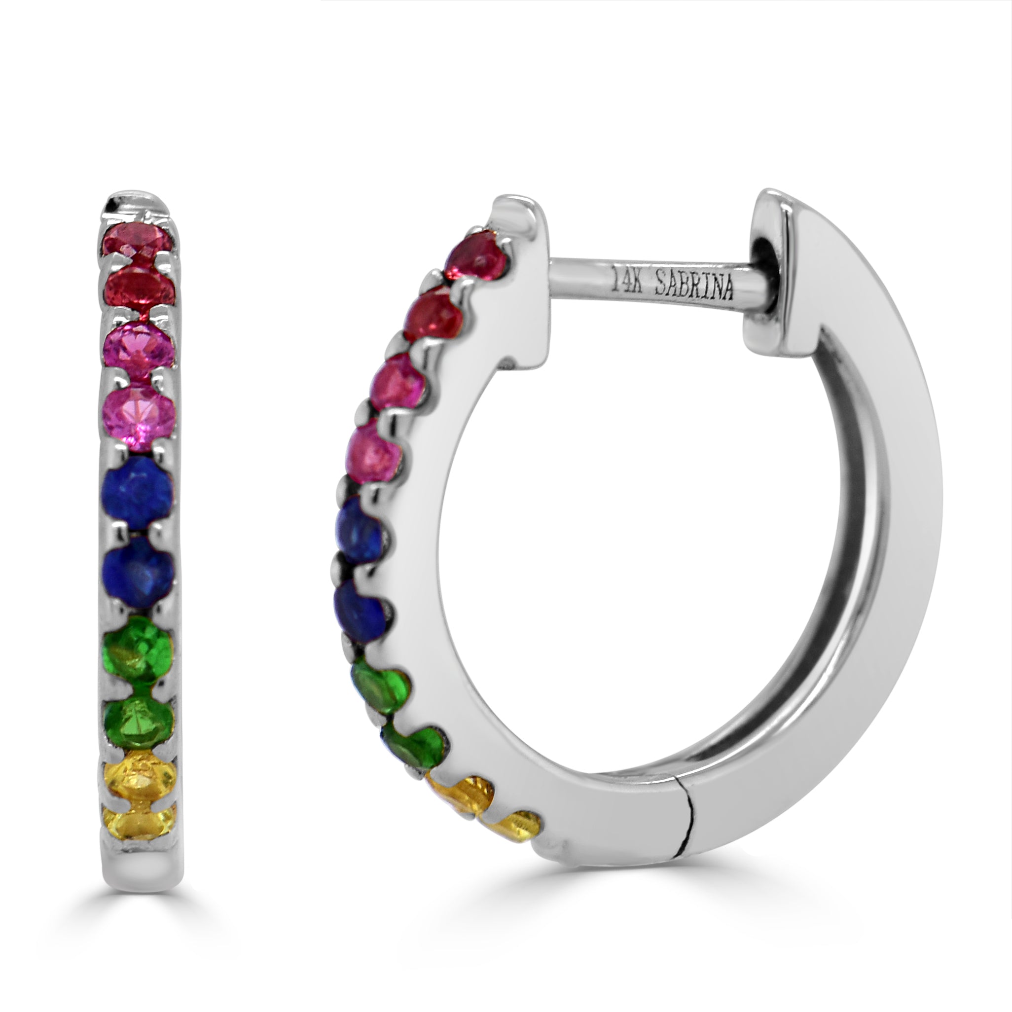 14k Gold & Rainbow Sapphire Huggie Earrings