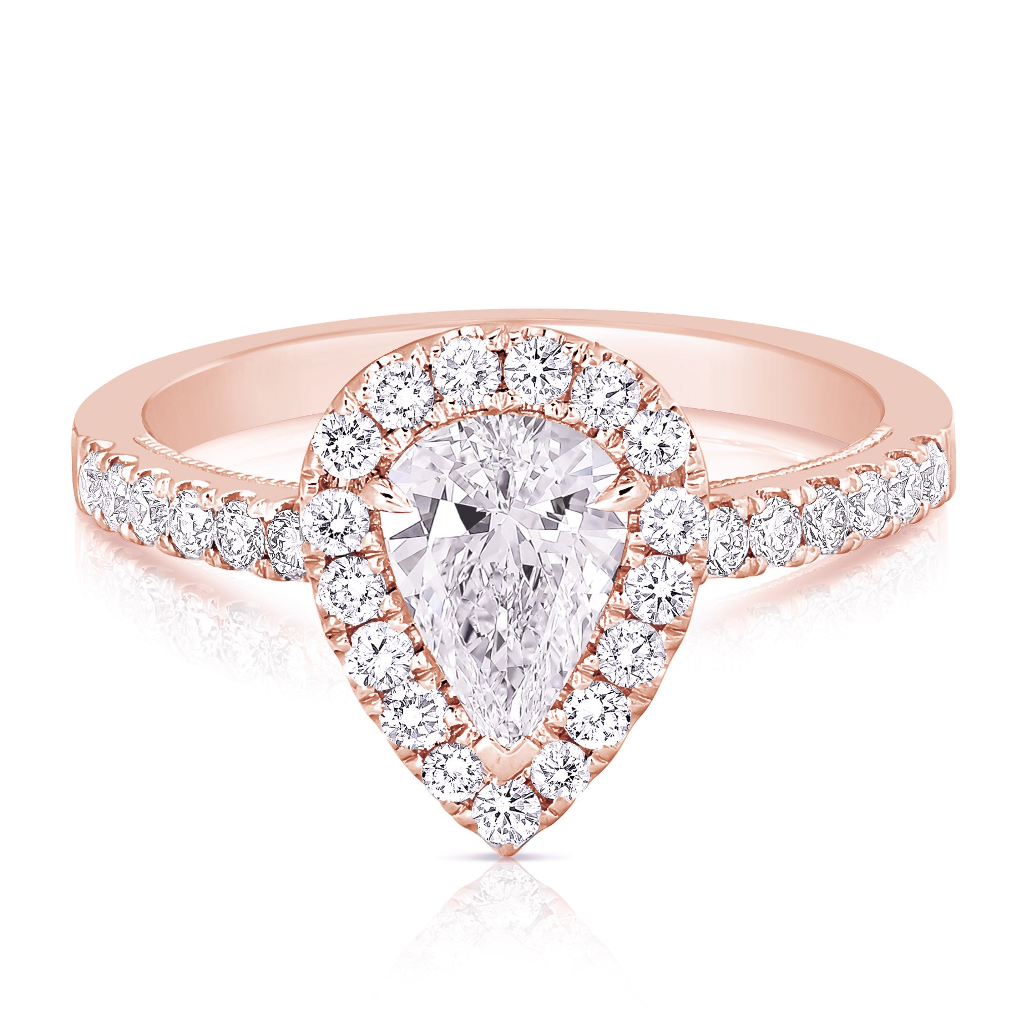 14K 3/4 Ct Center Pear Shape Halo Diamond Engagement Ring