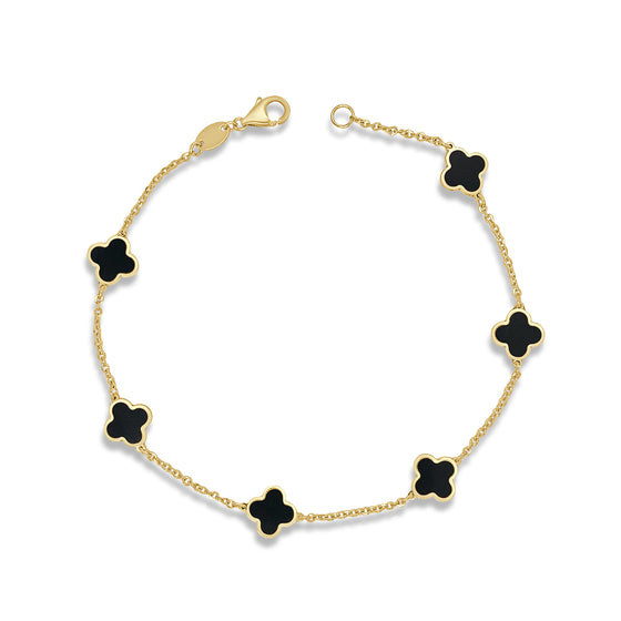 14K Gold & Black Onyx Station Clover Bracelet