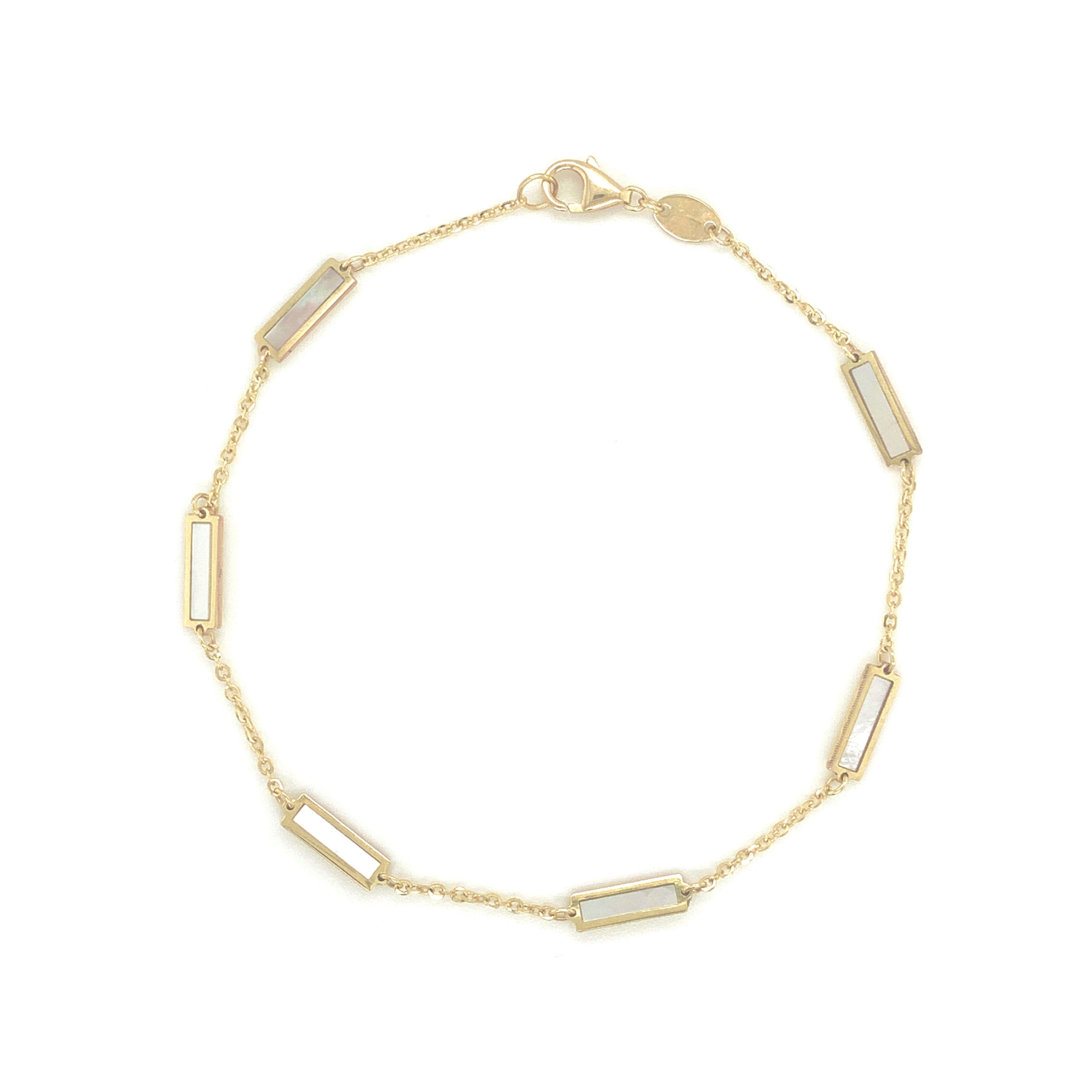 14K Yellow Gold Mother of Pearl Station Bar Bracelet