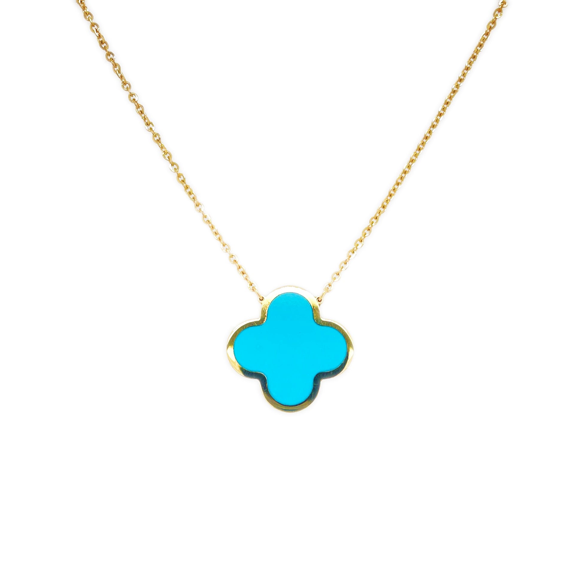 14K Yellow Gold & Turquoise Inlay Clover Necklace