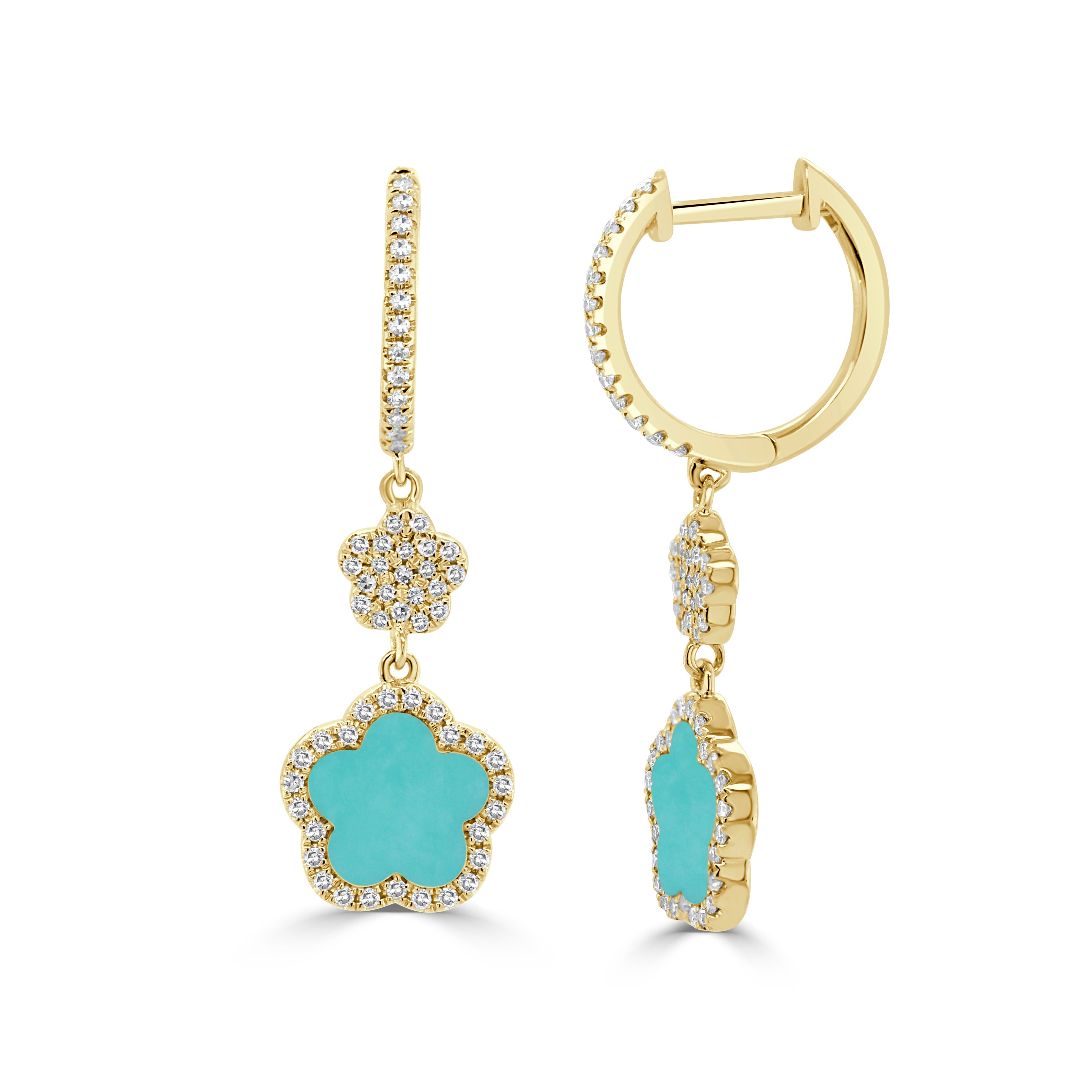 14K Gold Diamond Turquoise Clover Earrings
