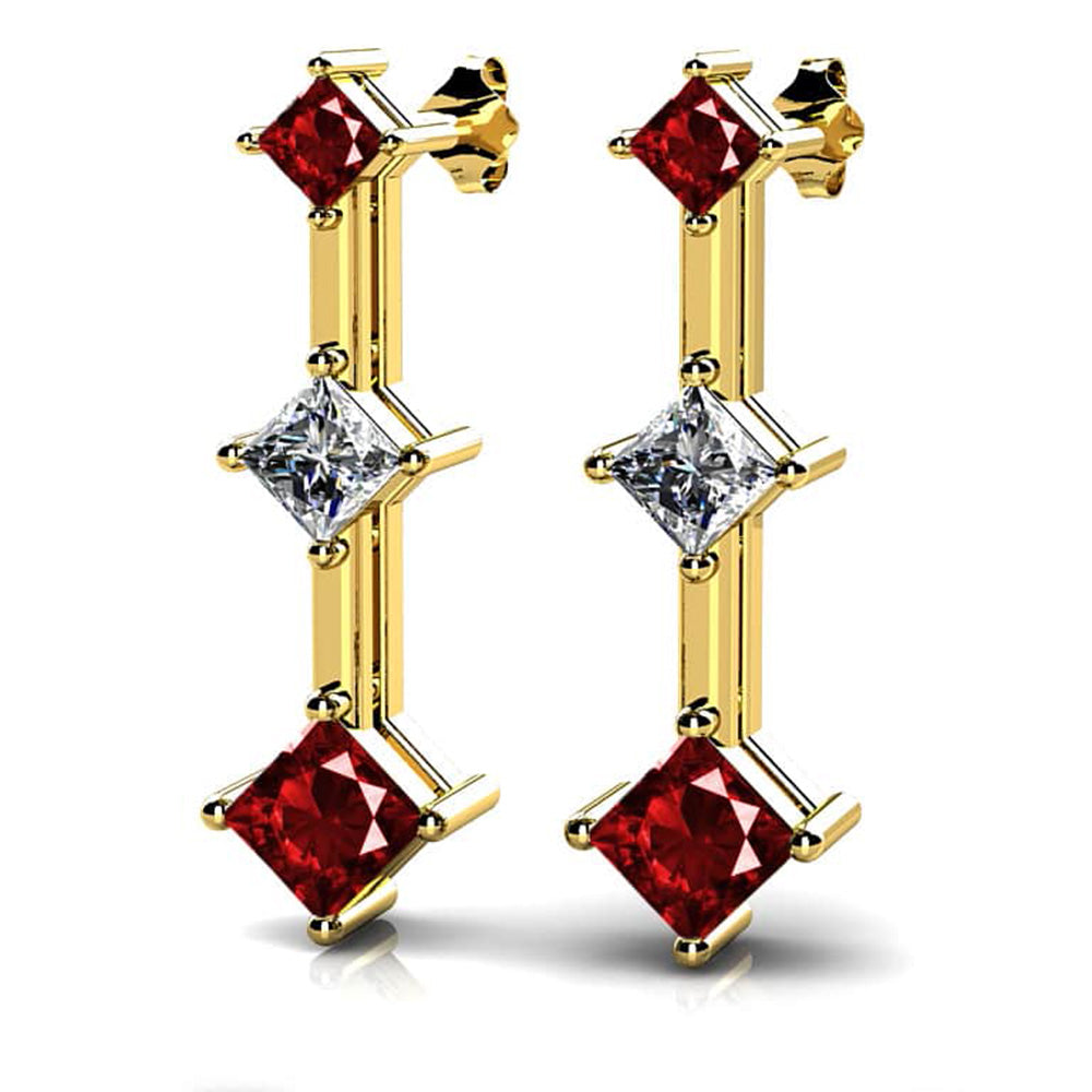 Princess Cut Triple Gemstone And Diamond Earrings