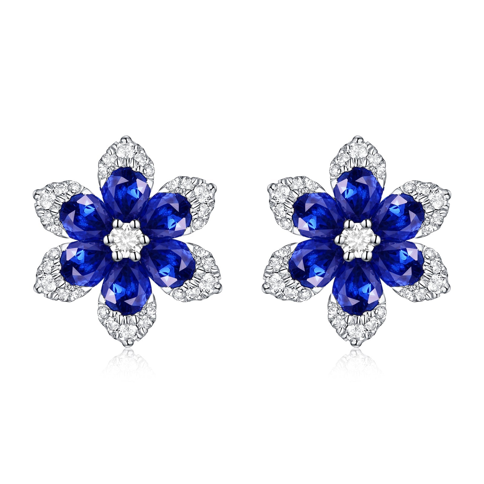 14k Gold Diamond & Sapphire Flower Stud Earrings