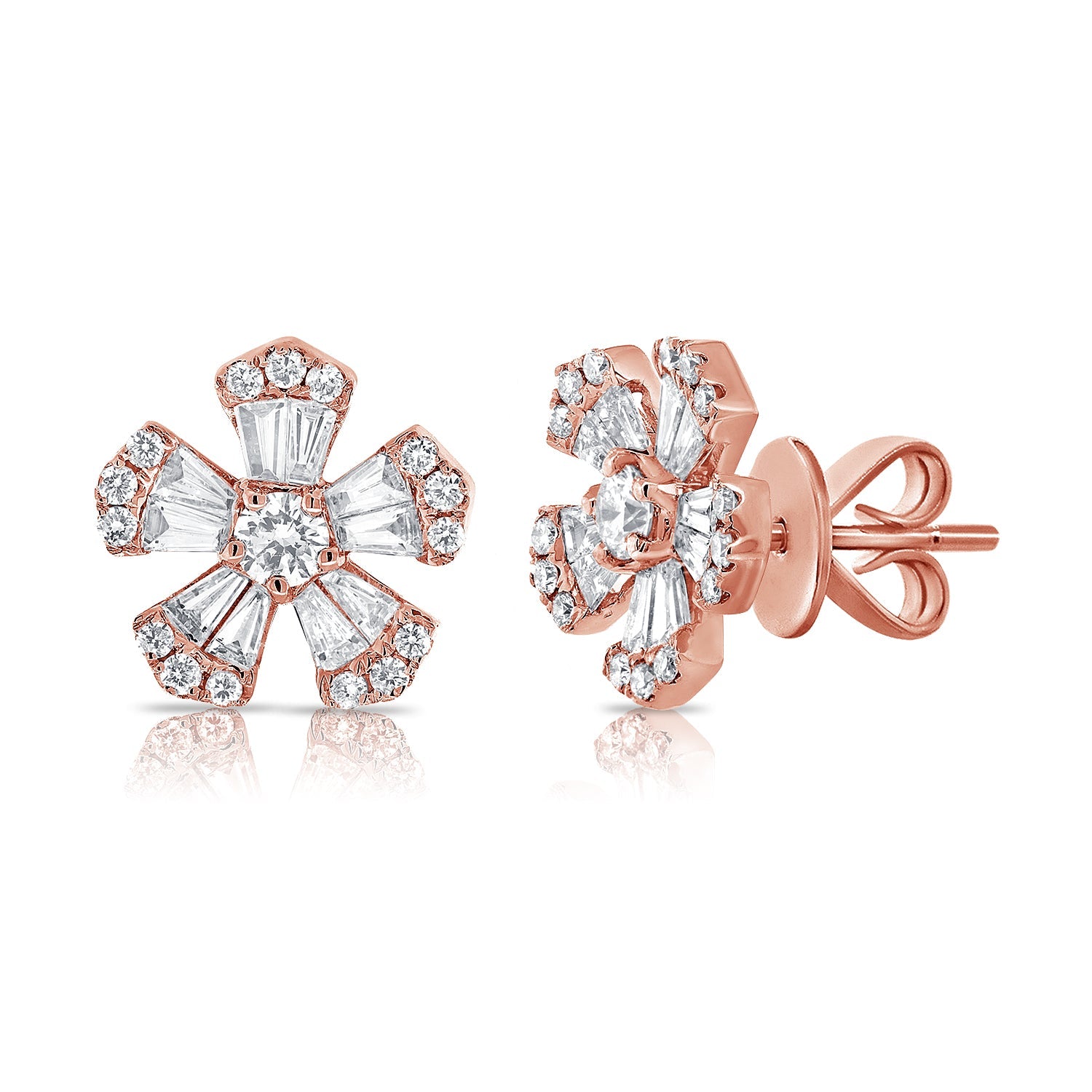 14k Gold & Diamond Baguette Flower Stud Earrings
