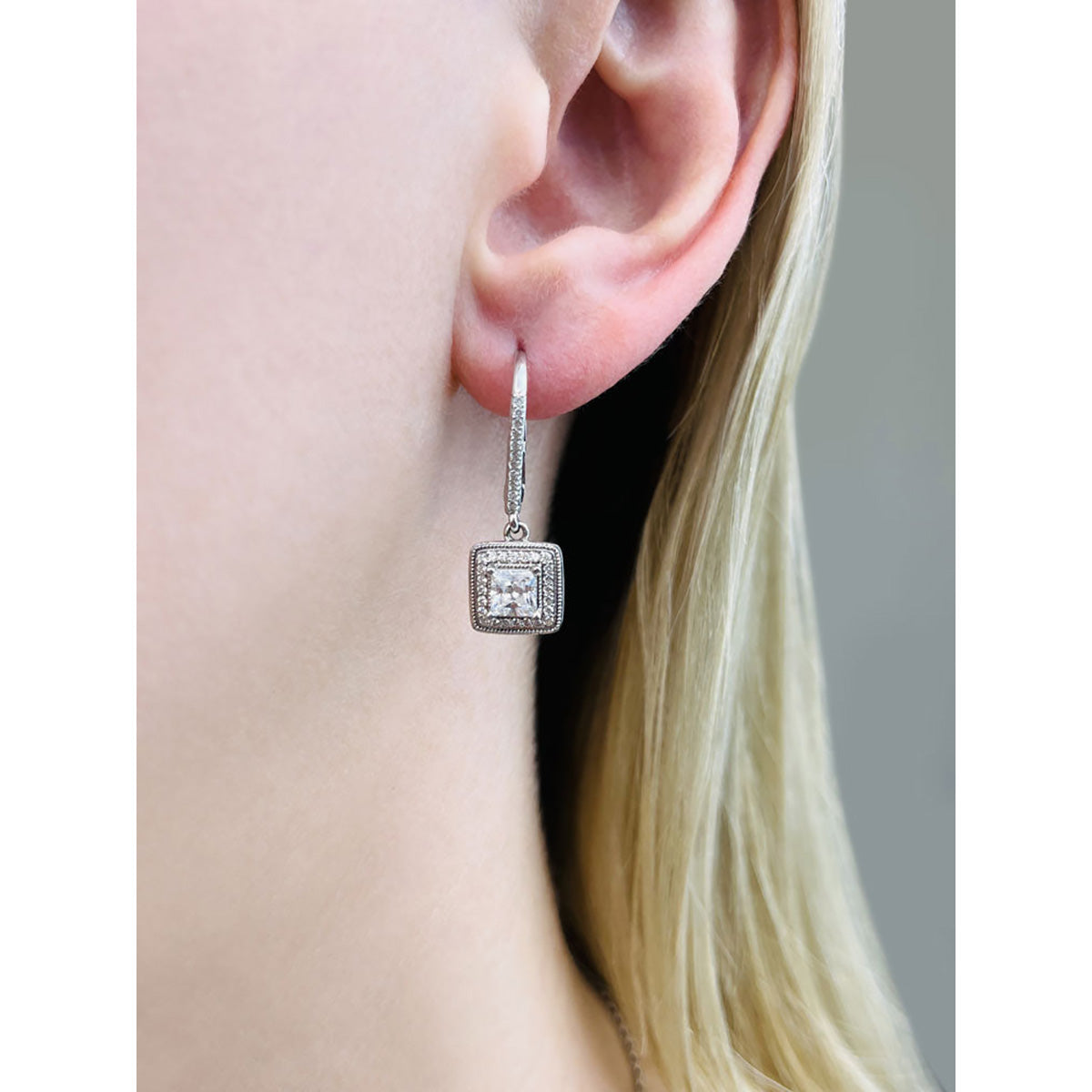 Milgrain Princess Cut Diamond Drop Earrings